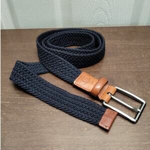 Original Penguin Men's 34-36 Woven Belt Navy Blue Full Grain Cowhide Brown Trim
